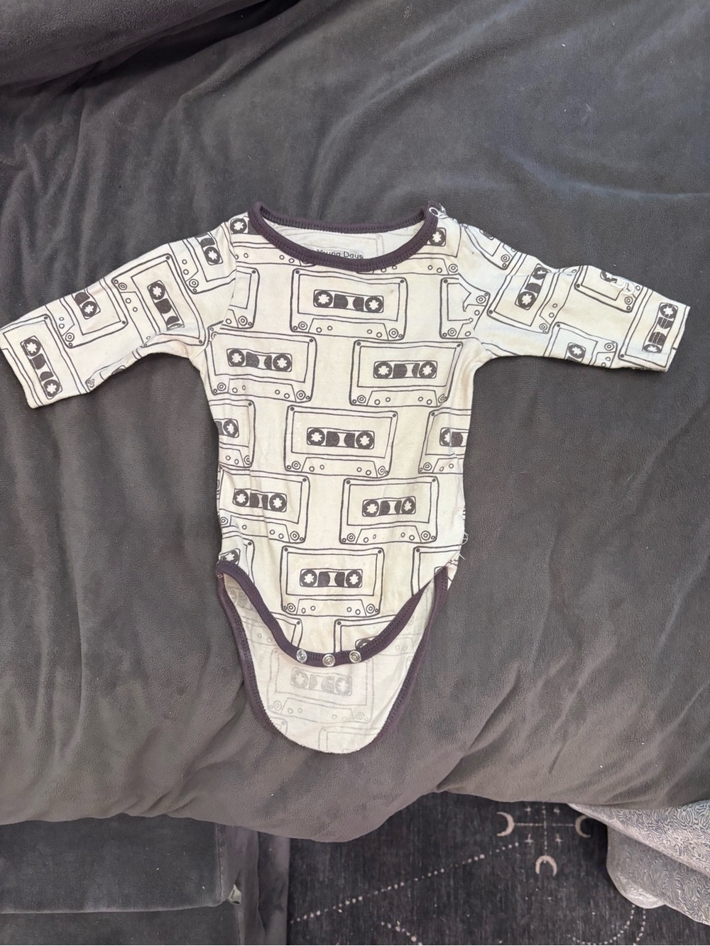 Cream Cassette-Print Long Sleeve Baby One-Piece